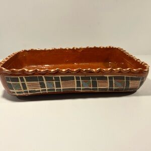 Vintage Mexican Terracotta Baking Dish Hand Painted Folk Pottery Casserole Pan